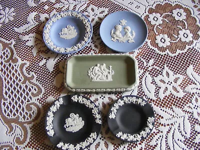 Buy 5 Wedgewood Jasperware Pin Dishes / Trays In Black, Blue And Green • 5£