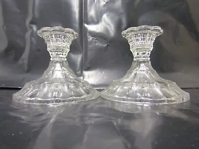 Buy Lovely Pair Of  Squat Clear Glass Candlesticks, Holders, Vintage (H) • 12.99£