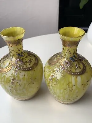Buy Two Vintage Czech Bohemian Hand Painted &Gilded Mottled Glass Vases  6”Tall. • 18£