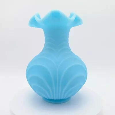 Buy Large Vintage Fenton Blue Custard Satin Glass Draped Ruffled 8” Vase • 38.36£