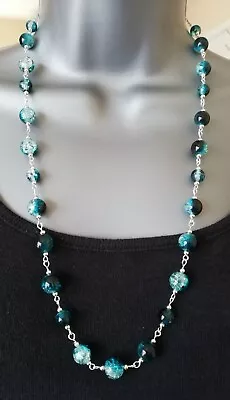 Buy 25 Inch Long Silver Plated Teal Blue Green Crackle Glass Beaded Necklace • 10.49£