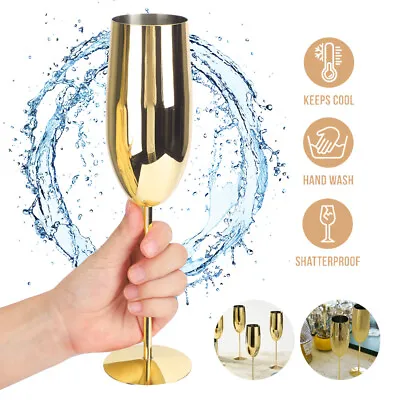 Buy 4 Champagne Flutes Stainless Steel Gold Prosecco Glasses Partyware 285ml Xmas UK • 10.90£