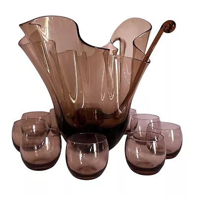 Buy Mid Century Modern Murano Smoky Amethyst Fazzoletto 12 Piece Punch Bowl Set • 842.60£
