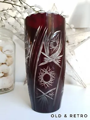 Buy Bohemian Czech Cranberry Ruby Red Cut To Clear Vintage Elegant Glass Vase     • 18.99£