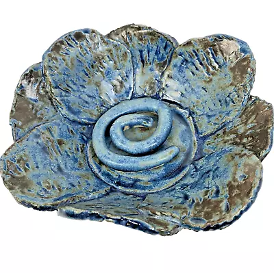 Buy VTG Signed Primitive Slab Pottery 8  Bowl Blue Petals Rustic Folk Art Wabi Sabi • 22.99£