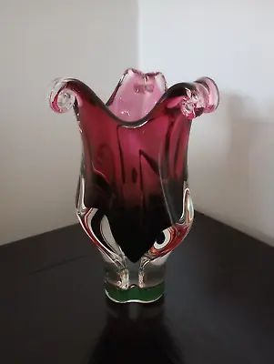 Buy Vintage Retro Chribska Josef Hospodka Art Glassworks Cranberry Green Glass Vase • 15£