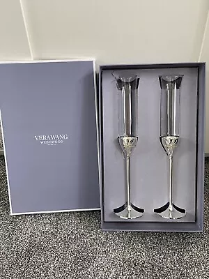 Buy 2 Vera Wang Wedgewood Wedding Toasting Champagne Flutes Pair Tall Glasses Silver • 25£