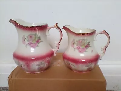 Buy Pair Of Rockingham Staffordshire Pottery Pitchers, Scroll Handle, Pink Roses. • 45£
