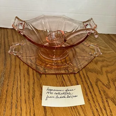 Buy Vintage Imperial Pink Depression Glass Serving Bowl W/Handles Platter & Dipper • 43.16£