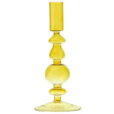 Buy Yellow Glass Candlestick | 19cm Tall | Retro Boho Style | Gisela Graham • 11.43£