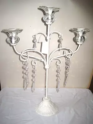 Buy CREAM Metal CANDELABRA , 3 Glass Cups With Crystal Drops  • 35£