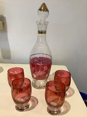 Buy Vintage Hungarian Cranberry Decanter & 4 Glasses • 10£