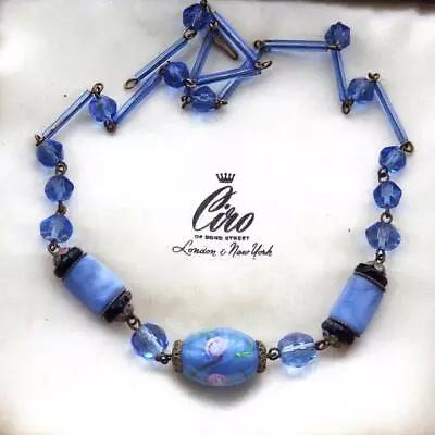 Buy Antique Art Deco Necklace Blue Satin Glass Roses Venetian • 39£