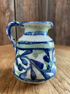 Buy Signed Small Studio Art Pottery Jug Vase Hand Painted Blue Green Leaf Design • 5£