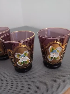 Buy 5 X Vtg Amethyst Purple Bohemian Czech Shot Glasses Enameled Floral Gilded ~ VGC • 30£