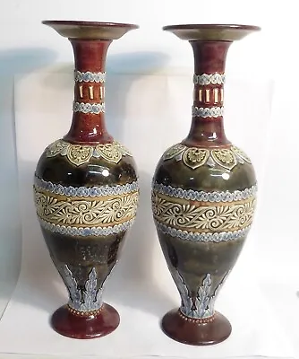 Buy Pair Of Doulton Lambeth Art Nouveau Stoneware Vases, 12 Inches High, Great Cond • 99.99£