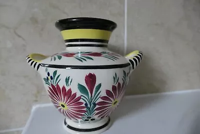 Buy Hb Quimper Pottery 15cm Two Handled Vase With Red/yellow Floral With Leaf Design • 34£