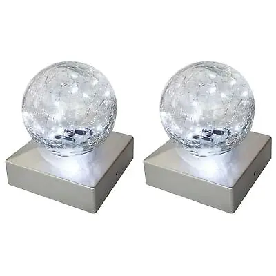 Buy 2 Solar Deck Cap Post Lights Outdoor Garden Crackle Glass Ball Lights Cool White • 14.49£