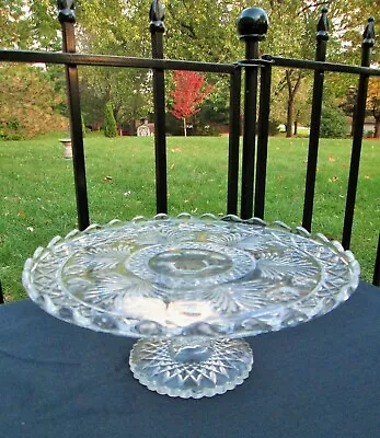 Buy Vintage Pressed Glass Cake Stand Feather Plumes & Flowers Scalloped Rim 9.5   • 18.97£