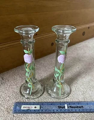 Buy Pair Handpainted Glass Bud Vases / Candlestick Holders Floral Green Pink • 15£