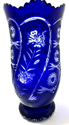Buy Vintage Cobalt Blue Cut To Clear Glass Vase  Sawtooth Edge  9.5  • 106.82£