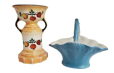 Buy Czechoslavakian 2 Pcs Pottery Small Orange/Fruit Vase And Blue Basket • 19.07£