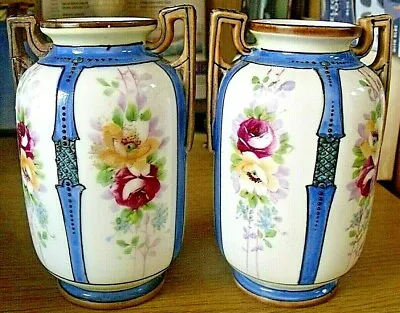 Buy 13cm PAIR  Art Nouveau Noritake  Twin Handled Vases. Enamelled Handpainted Af • 24.95£