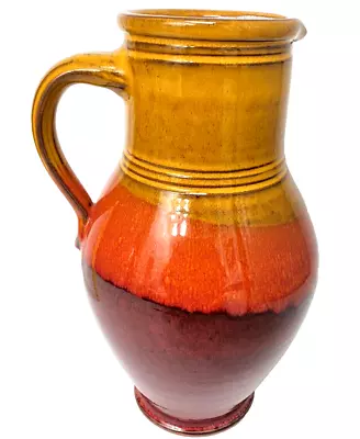 Buy Signed Drip Glaze Italian Art Pottery Pitcher VTG Retro Vase Red Gold Olive Jug • 24.06£