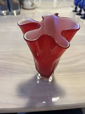 Buy Vintage Murano Style Ruby Glass Frill Rim Handkerchief Vase-1960s • 20£