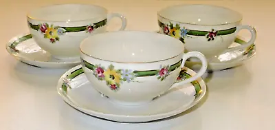 Buy Noritake Fine Bone China Tea Set 3 Cups And Saucers,white With Green Band Floral • 25£