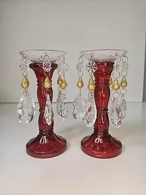 Buy Pair Red Glass Candle Sticks Clear Acrylic Chandelier Bobeches Wax Drip Catchers • 17.90£