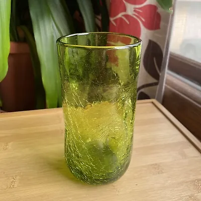 Buy Vintage Blenko CRACKLE Glass TUMBLER #418L Pinched Dimpled 6  Tall Olive GREEN • 28.35£