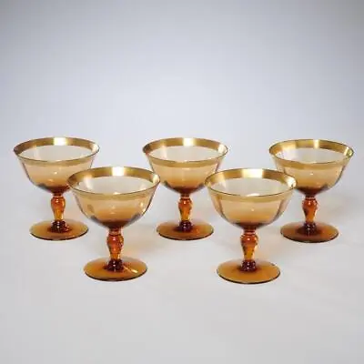 Buy Set Of 5 Gold Tiffin Amber Depression Glass Sherbet Dessert Cup Champagne Coupe • 65.33£