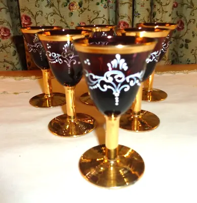 Buy 6 Vintage Amethyst Bohemian Glass Cordials-gold Trimmed-handpainted-beautiful • 25.88£
