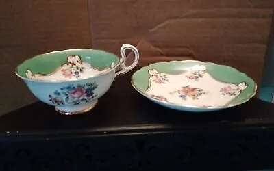Buy AYNSLEY Teacup Tea Cup And Saucer Green Pink Roses Bone China England • 26.60£