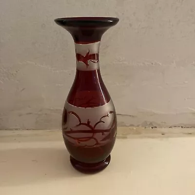 Buy 19th Century Bohemian Cranberry And Frosted Glass Vase With Birds - Hand Blown • 2.99£