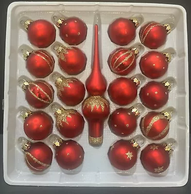 Buy Box Of 21 Raunch Glass Christmas Ornaments Red/Gold Glitter & Finial Topper • 14.45£