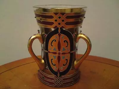 Buy Jugendstil Bohemia Czech Secessionist Art Glass Gilt Enamel Cabochon Vase • 95£