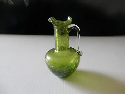 Buy Vintage Mini Green Crackle Glass Pitcher Bud Vase Ruffle Top Clear Handle • 12.24£