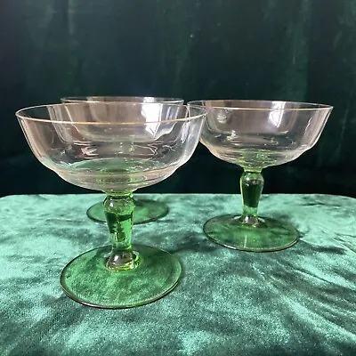 Buy Art Deco Green Stem Champagne Coupe Saucer Crystal Glass X 3 Gold Rim C 1930 • 45£