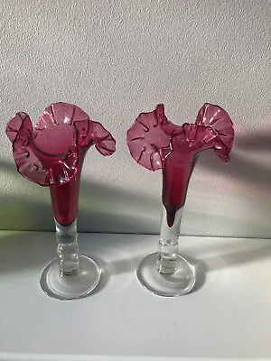 Buy Pair Of Cranberry Glass Vases Fenton Vintage Hand Blown • 18£