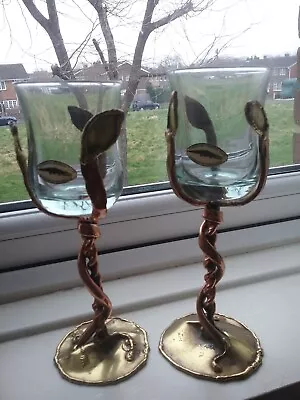 Buy Copper And Brass Twisted Stem Climbing Vine And Handmade Glass Candleholders • 45£
