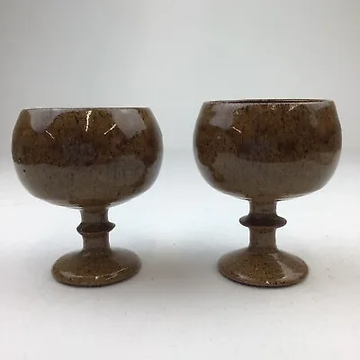 Buy Goblet Brown Pottery Pair Pedestal Mug Cup Glass Round Wine Speckled Drinks • 7.95£