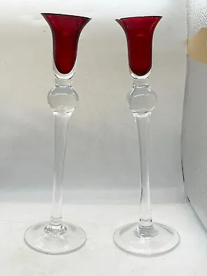 Buy Vintage Murano Heavy Red Top Glass Long Stem Glasses / Candlesticks • 19.99£