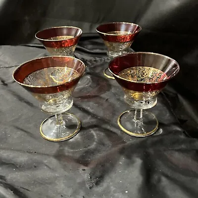 Buy Bohemian Glass Ruby Flash Gold Gilt Set Of 4 Low Stem Coupe Cocktail Glasses • 27.25£