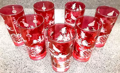 Buy VTG SET 7 BOHEMIAN CZECH CUT TO CLEAR CRYSTAL TUMBLERS GLASSES RED Scenes • 91.25£