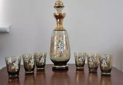 Buy Vintage Bohemian Glass Hand Painted Decanter And 6 Glasses • 18£