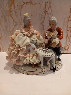 Buy Vintage Capodimonte Lace Porcelain  Figurine Chess Playing Victorian Couple. • 110£
