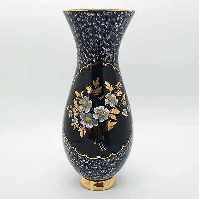 Buy Vintage Bohemian Black Amethyst Glass Vase Hand Painted Flowers Mouth Blown • 24.95£