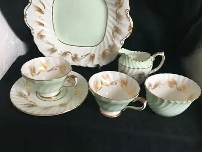 Buy Antique Aynsley Bone China Vintage Green 6 Pieces Cake Plate Cups Creamer And Su • 15£